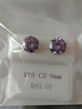 VVS CZ 9mm Purple Cubic Zirconia Stud Earrings - Gold Setting 2